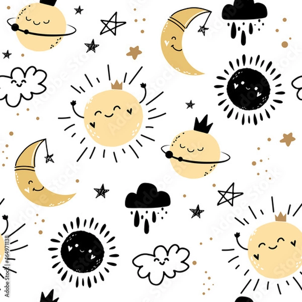 Fototapeta Trend vector planets, sun, stars and clouds seamless pattern. Doodle style. Children's design for clothing, packaging