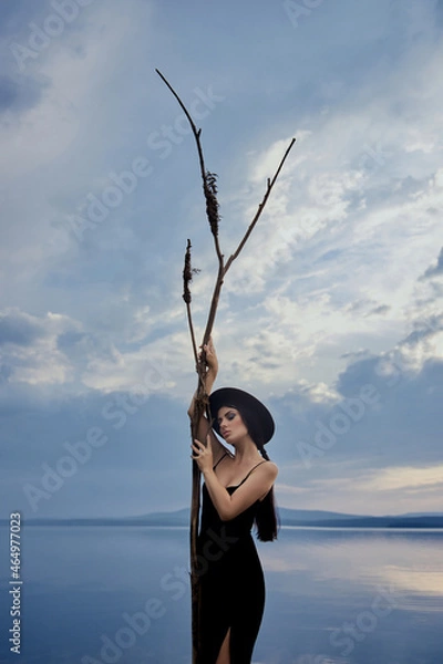 Fototapeta Perfect brunette beauty woman in a black hat and a black dress poses near a lake against a blue sky. Long hair woman and beautiful beauty makeup on her face