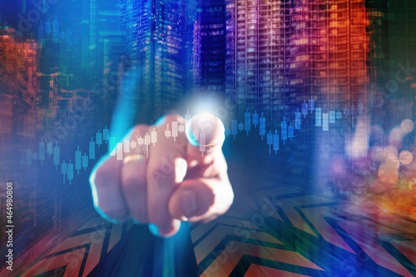 Obraz Background on theme logistics business. Stock chart on  background of city. Concept investing in transport companies. Arrows on road symbolize logistics. Man hand clicks on chart on a virtual screen.