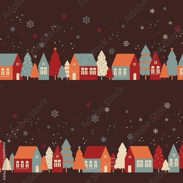 Fototapeta Seamless pattern with cute houses in snowy forest. Simple scandinavian style background with christmass mood for web, print, background, wallpaper, scrapbooking, wrapping paper, textile 