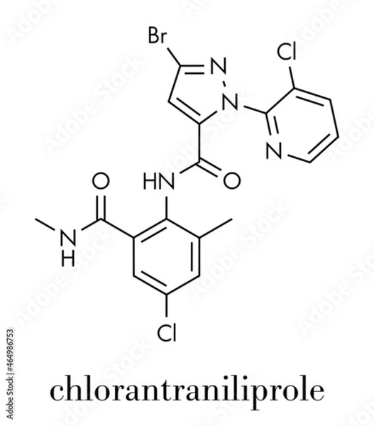 Fototapeta Chlorantraniliprole insecticide molecule (ryanoid class). Skeletal formula.