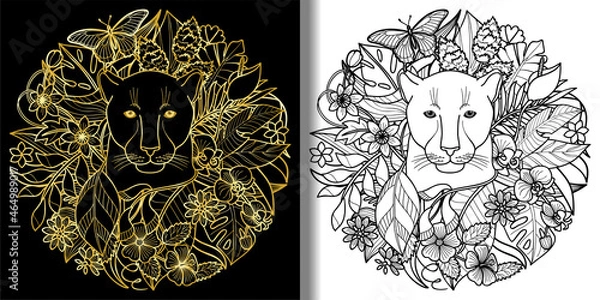 Obraz Panther and Plants Tropical prints set