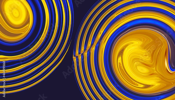 Fototapeta Abstract bright fluid blue and gold yellow background with circle. Liquid golden and water wave. Premium illustration. Vibrant banner. Template. Luxury texture. Device screen geometric