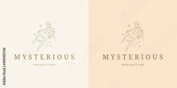 Fototapeta Magic female on clouds logo emblem design template vector illustration in minimal line art style