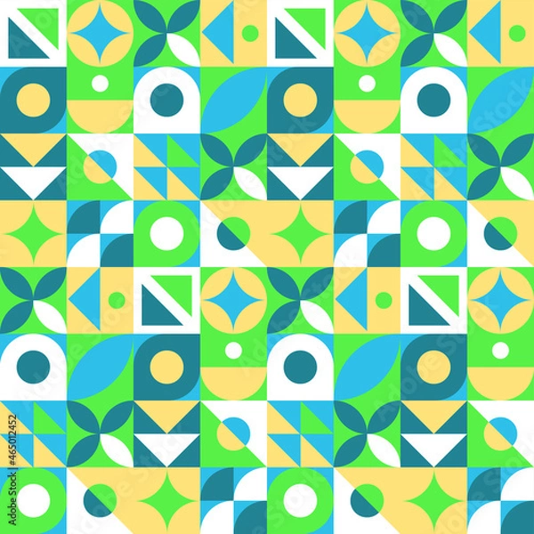 Fototapeta Abstract geometric seamless pattern. Neo geo style print, vector illustration. Simple repeating lines and shapes mosaic background. Blue, white, green and yellow colors. Endless design for textile