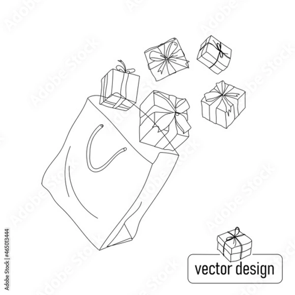 Fototapeta paper bag with flying out gift boxes, vector illustration drawn in a linear style, sketch art line, isolated on a white background. Boxing Day. Gift wrapping