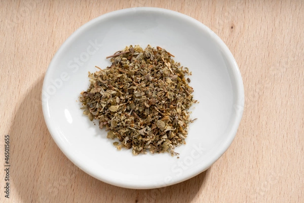Obraz Detailed and large close up shot of marjoram on a small plate
