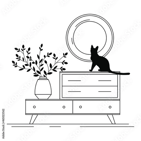 Fototapeta Vector illustration of a cat in the house. Pet in the interior. Furniture icon, chest of drawers with mirror and vase of flowers. Life of a cat in an apartment. Linear illustration of an interior