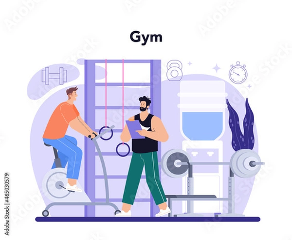 Fototapeta Fitness trainer. Workout in the gym with professional