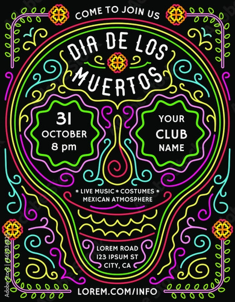 Fototapeta Dia de los Muertos announcing poster template with bright mexican style details. Colorful invitation with customized text for fiesta or costume party flyer.