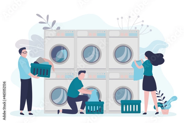 Fototapeta Girl takes out clean clothes from washer. Man hold basket with dirty things. People washes textiles in public laundry