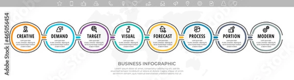 Fototapeta Hand drawn vector minimal line infographics with circles and icons. Business timeline eight steps by step. Flat template with 8 ways for chart, diagram, flowchart, app, graphic