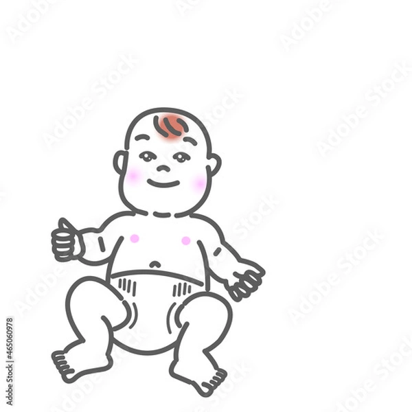 Fototapeta オムツをしたああアジア人の可愛い赤ちゃんの笑顔の表情の白バックの線画