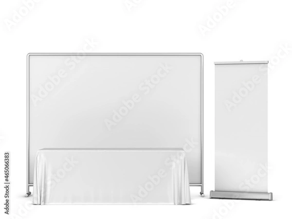 Fototapeta Blank tradeshow tablecloth with backdrop and rollup banners mockup