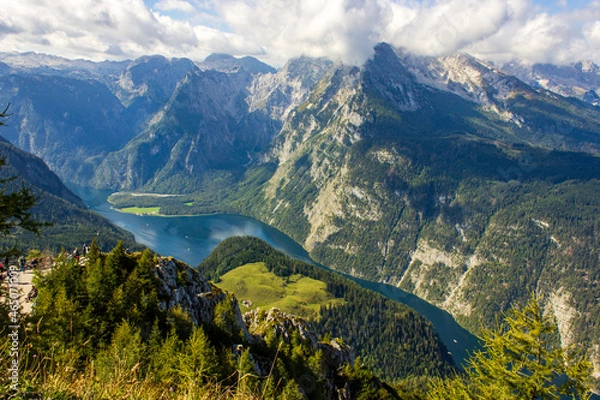 Fototapeta View on the Königssee taken from the Jenner mountain view platform on a cloudy but summer day, Berchtesgaden National Park, Germany