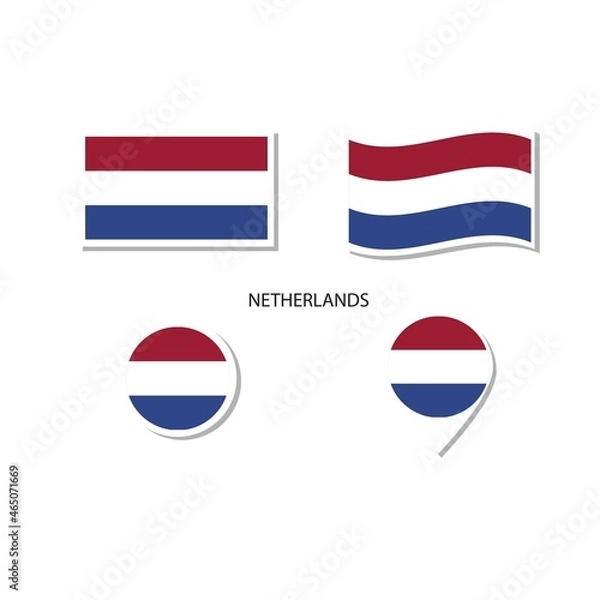 Fototapeta Netherlands flag logo icon set, rectangle flat icons, circular shape, marker with flags.