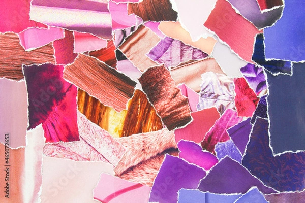 Fototapeta Collage from torn pieces of magazine paper. Abstract creative background from clippings with magazine paper in pink and purple colours.