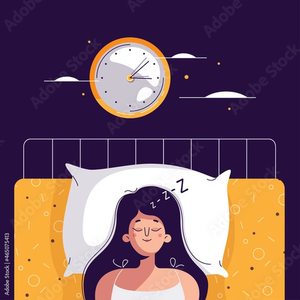 Fototapeta Fast asleep vector illustration. Happy woman is sound asleep, having a good dream late at night. She rests in the soft bed. Peaceful dream, relax, heavy sleep, fast asleep concept for web.Flat design