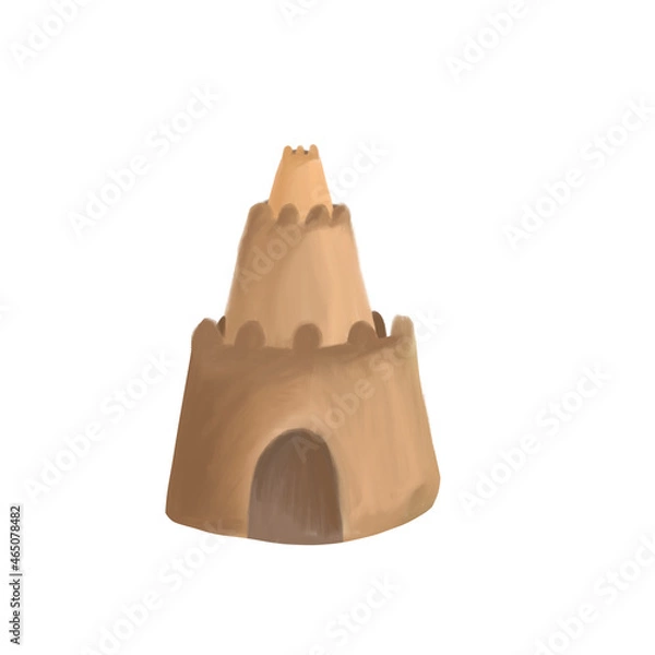 Fototapeta Sand castle on an isolated white background. Summer time raster illustration in realism style