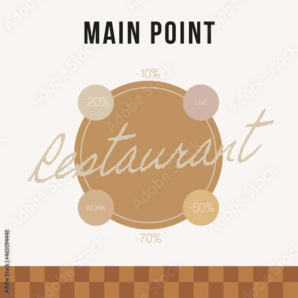 Obraz Square universal template for print, web and social networks. The large logo in the center shows the percentage and level of achievement in circles. Theme restaurants. Trend vector illustration.