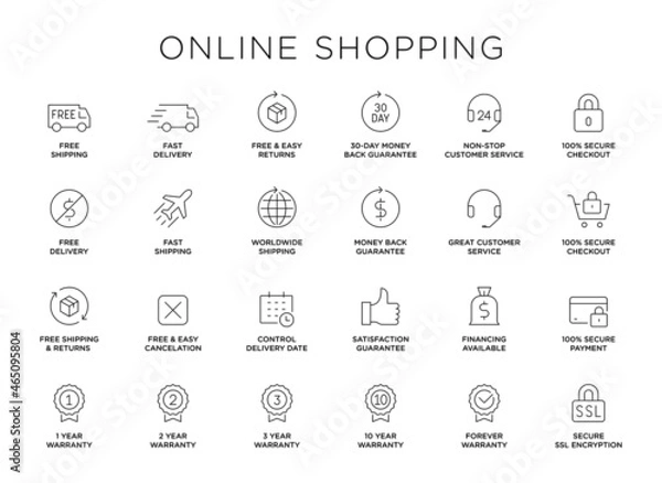 Fototapeta E-commerce, online shopping line icons set. Modern graphic design concepts, simple outline elements collection.