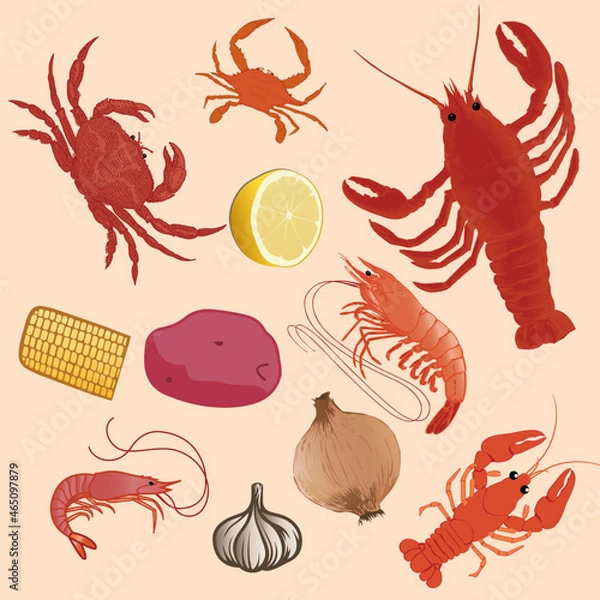 Fototapeta Shellfish with vegetables for a seafood boil 