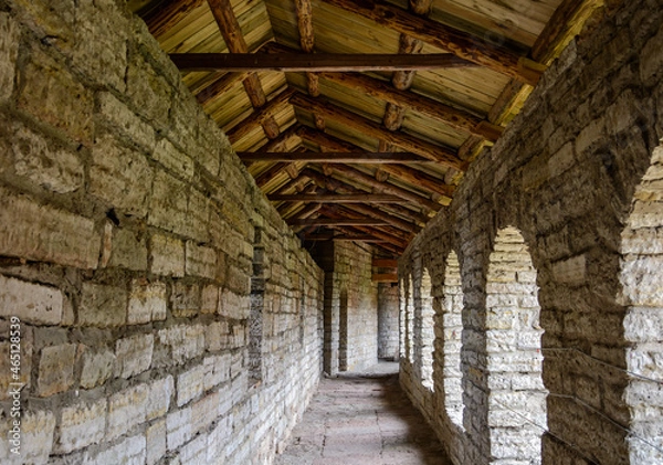 Fototapeta gallery of the fighting course on the fortress wall. Oreshek Fortress. Shlisselburg Fortress near the St. Petersburg, Russia. Founded in 1323.