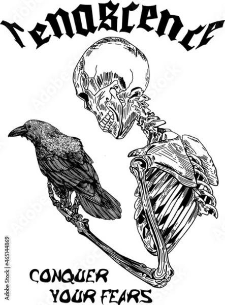 Obraz hand draw skeleton with raven slogan Vector design for t-shirt graphics, banner, fashion prints, slogan tees, stickers, flyer, posters and other creative uses	
