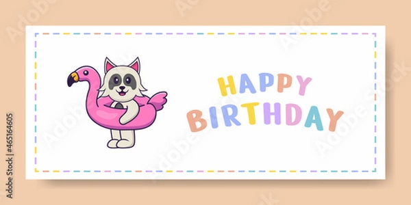 Fototapeta Happy Birthday banner with Cute dog cartoon character. Vector Illustration