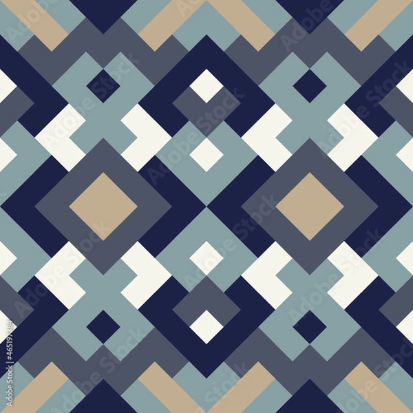 Fototapeta Abstract seamless pattern. Mosaic texture for textile, clown, carpeting, warp, book cover, clothes. Vector geometric background of triangles in blue and white colors