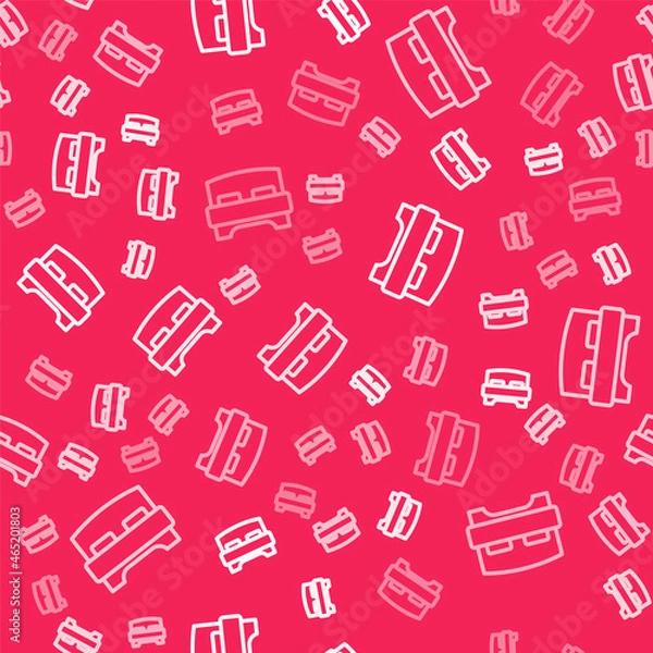 Fototapeta White line Big bed for two or one person icon isolated seamless pattern on red background. Vector