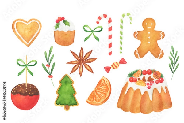 Fototapeta Watercolor Christmas food, sweets, cookies set isolated on white background. Gingerbread clipart.