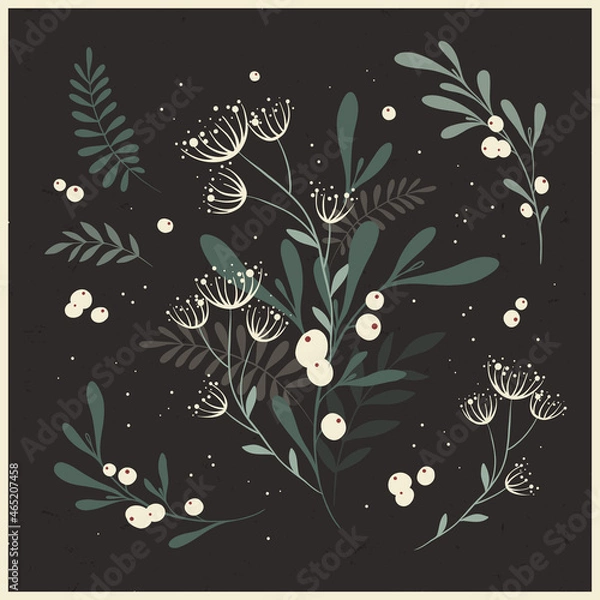 Fototapeta Winter foliage. Whimsical vector collection of Christmas floral arrangements and plants, branches and berries. Vintage bouquets, botanical elements for holiday and wedding design, greeting cards, invi