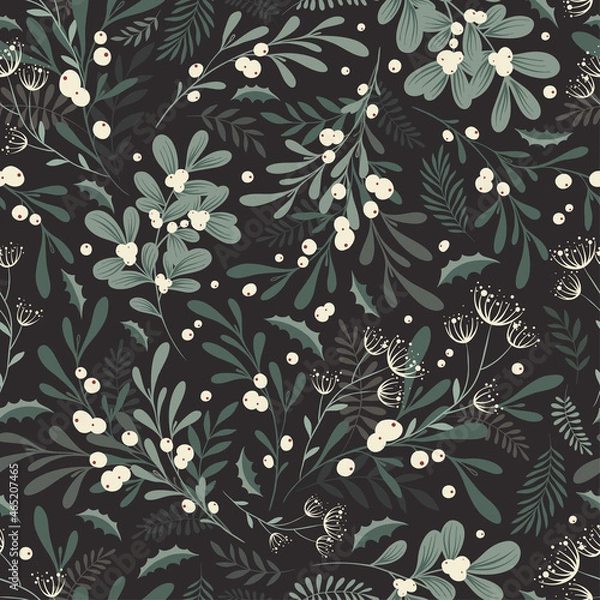 Fototapeta Whimsical winter foliage background. Vintage Christmas and Happy New Year flat seamless pattern, great for christmas textiles, banners, wrapping paper, wallpaper. Vector xmas design.
