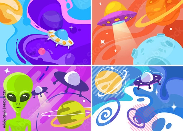 Fototapeta Collection of banners with UFO. Placard designs in cartoon style.