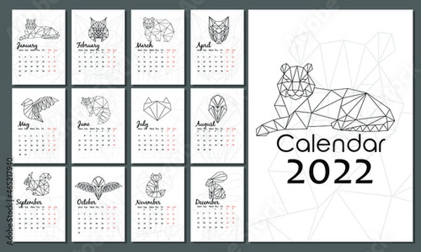 Fototapeta Vector calendar 2022 with tiger (symbol of new year) on cover. Week starts from Monday. Polygonal or origami animals. Set of 12 isolated months and cover. A4 format for print