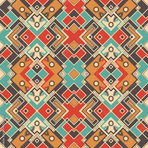 Fototapeta An original seamless pattern with a complex geometric design. Retro palette. Vector illustration