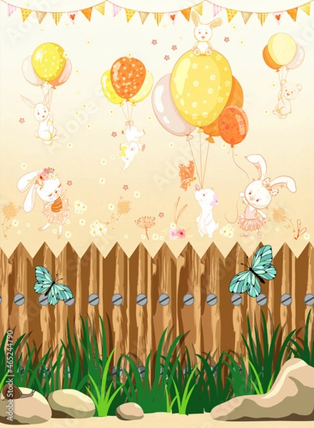 Fototapeta Background for the children's room - Hares behind the fence. Vector illustration 
