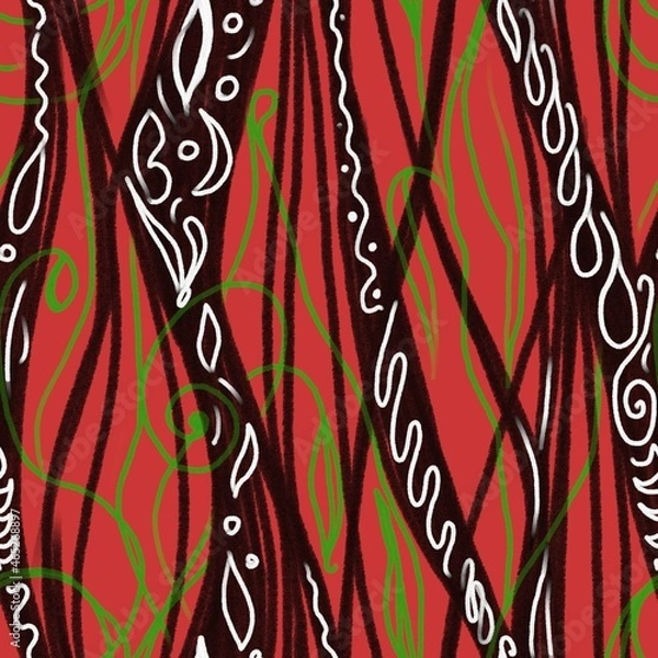 Obraz Seamless botanical black and red pattern on  red background hand-drawn. Design of the background, packaging, cover, wallpaper, fabric, textiles. Modern fashion pattern.