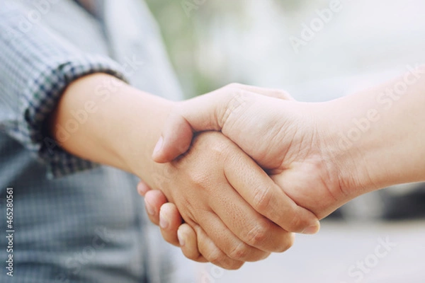 Fototapeta Closeup of a business hand shake between two colleagues Plaid shirt