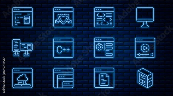 Obraz Set line Computer, Online play video, Software, monitor screen, Browser setting and with shield icon. Vector