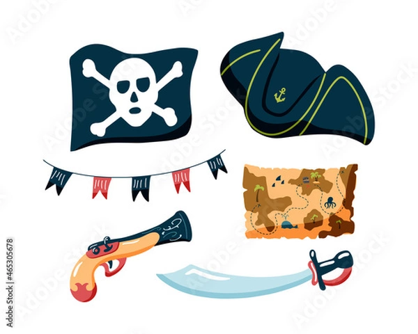 Fototapeta Pirate set of hand-drawn elements. Vector illustration of cocked hats, weapons, pirate flag and treasure map