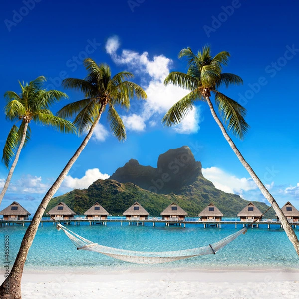 Obraz Otemanu mountain,  palms with hammock and sea. Bora-Bora.