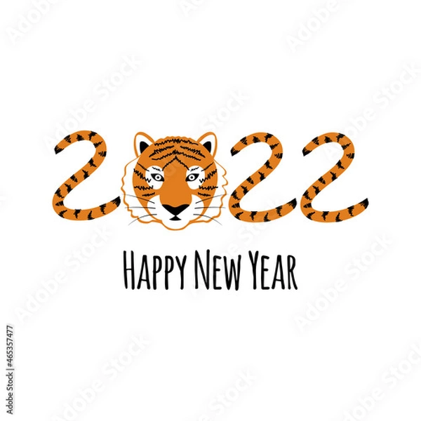 Fototapeta Happy New Year card. 2022 Year of the tiger greetings. Tiger sign and hand drawn description
