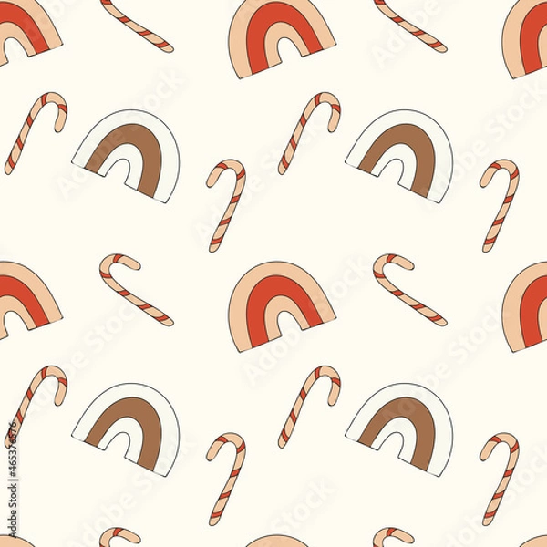 Fototapeta Boho rainbow and candy cane. Seamless vector pattern. Merry Christmas and New Year. Trending design for fabric, paper, postcards. Beige pastel colors