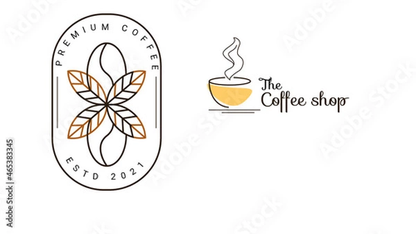 Fototapeta Set of Raster Coffee Logotype Templates and Coffee Accessories Illustration with Incorporated Icons with Fictitious Names