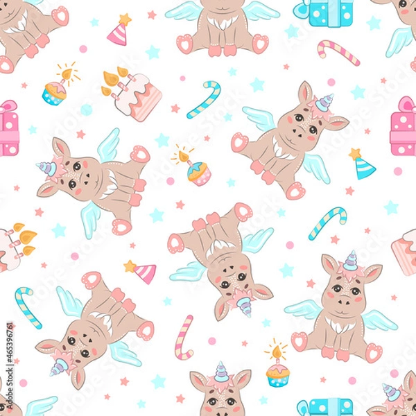 Fototapeta Children's vector seamless pattern with cute unicorns, birthday cake, cupcakes, gifts and candy cane. Birthday pattern in cartoon style