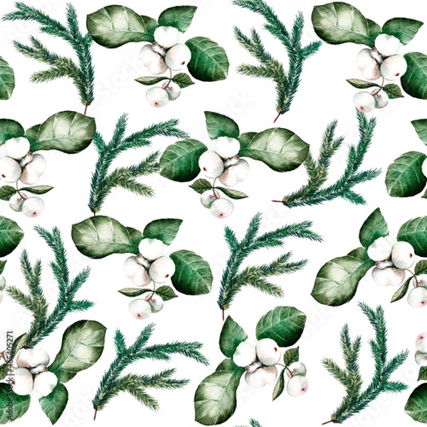Obraz Traditional Christmas and New year's floral elements isolated on white background. Hand painted snow berries and spruce branches on seamless pattern for tablecloth, interior design, home textile