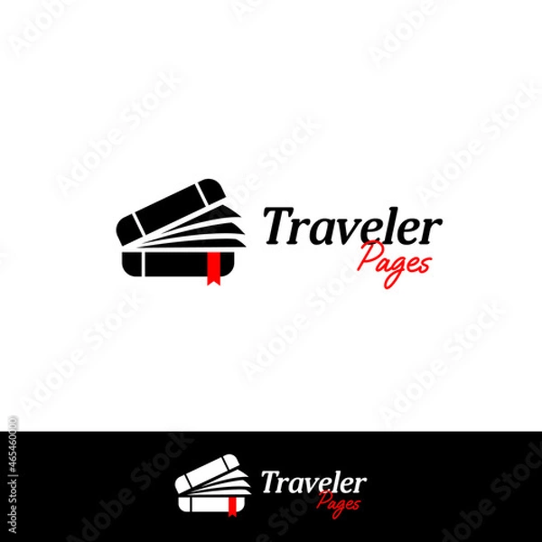 Fototapeta Traveler pages logo, traveler suitcase with many papers page inside logo icon template