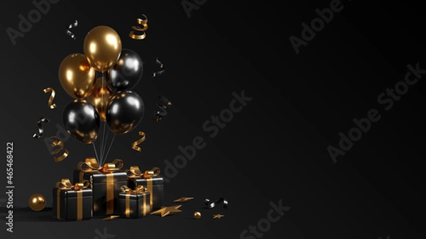 Obraz Happy new year 2022 with black gift boxes balloons and confetti 3d render illustrations